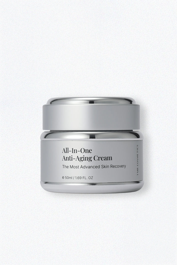 TMR AIO (All-in-One) Anti-Aging Cream designed for mature skin, providing overnight renewal, firmer look, and deep hydration in a single step without multiple heavy products.